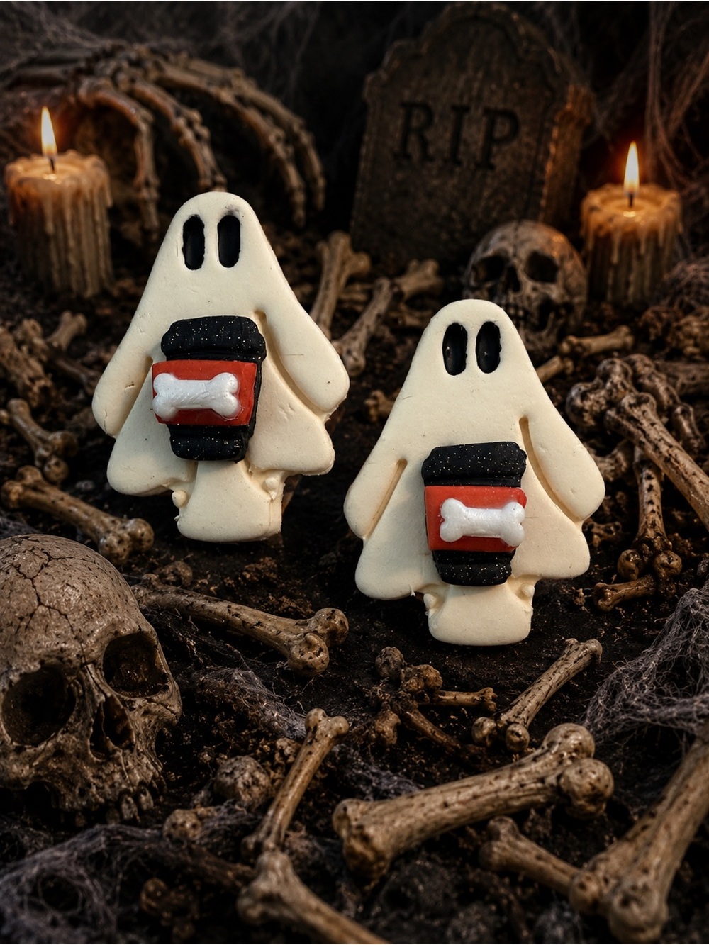 Ghost Handmade Polymer Clay Earrings with Coffee Cup - Cream & Black